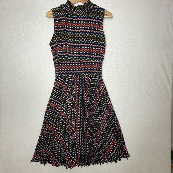 Nanette Lepore Multicolor Polka Dot Smocked High Neck Dress Size 10 - Picture 2 of 11